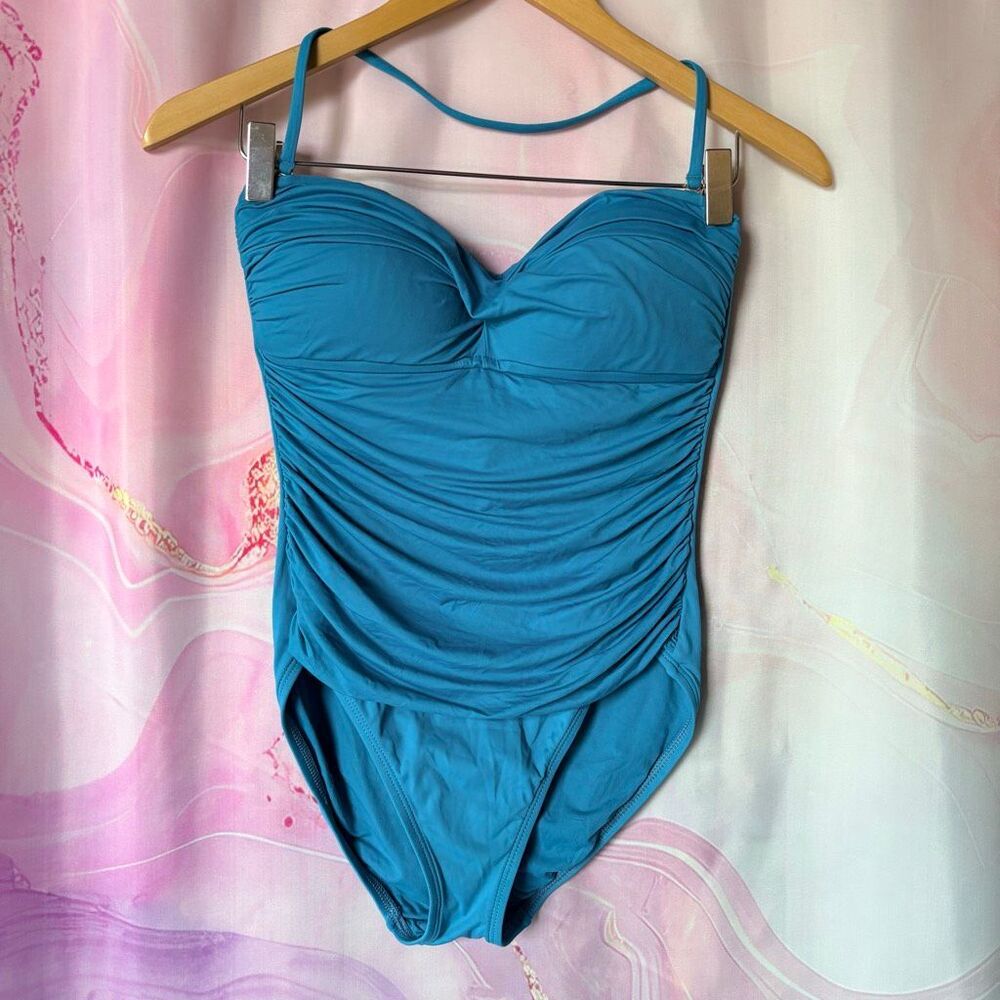La Blanca 6 Blue One Piece Swimsuit Strapless Halter Retro Preppy Resortwear